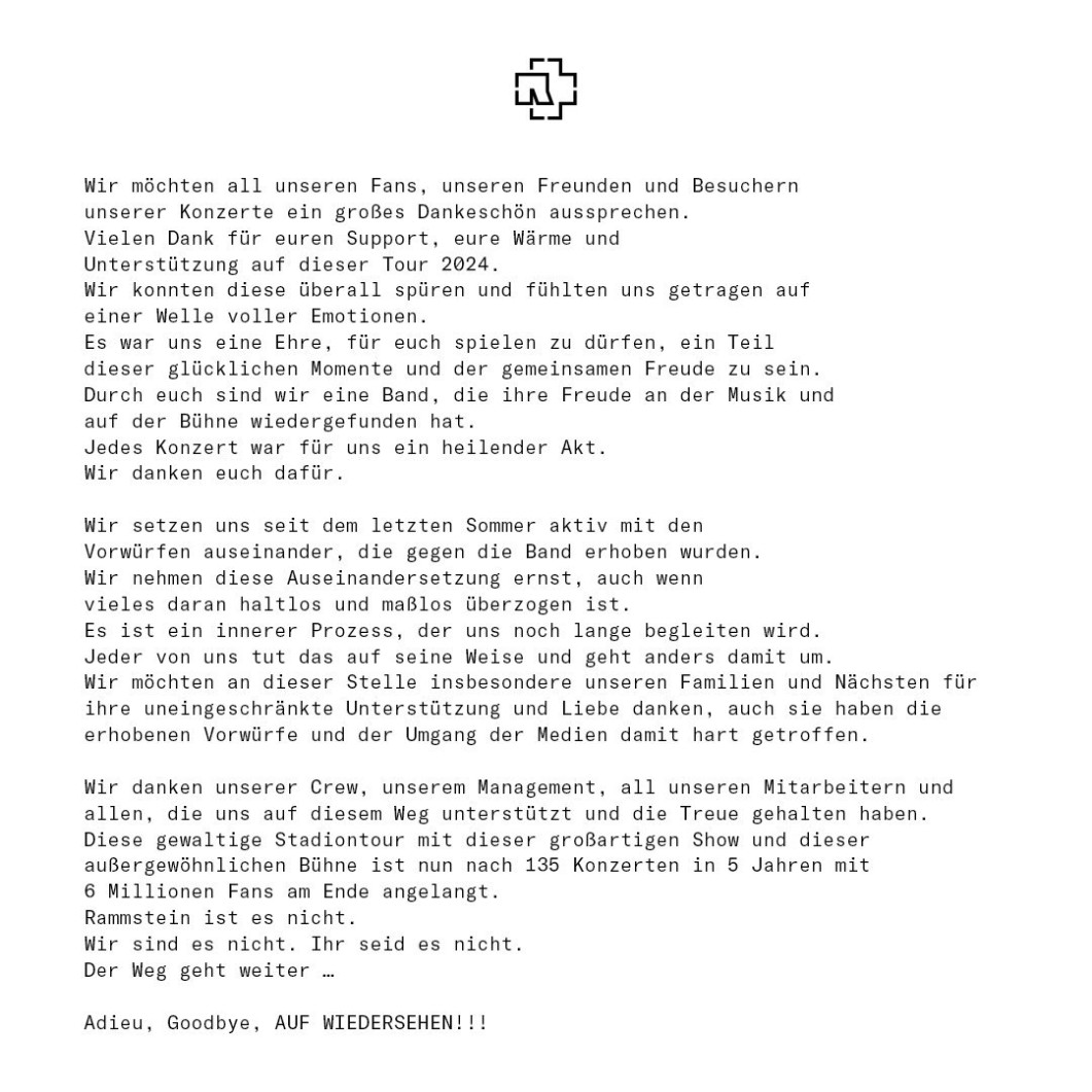 RAMMSTEIN SA SLUŽBENIM PRIOPĆENJEM NAKON EUROPE STADIUM TOUR 2024